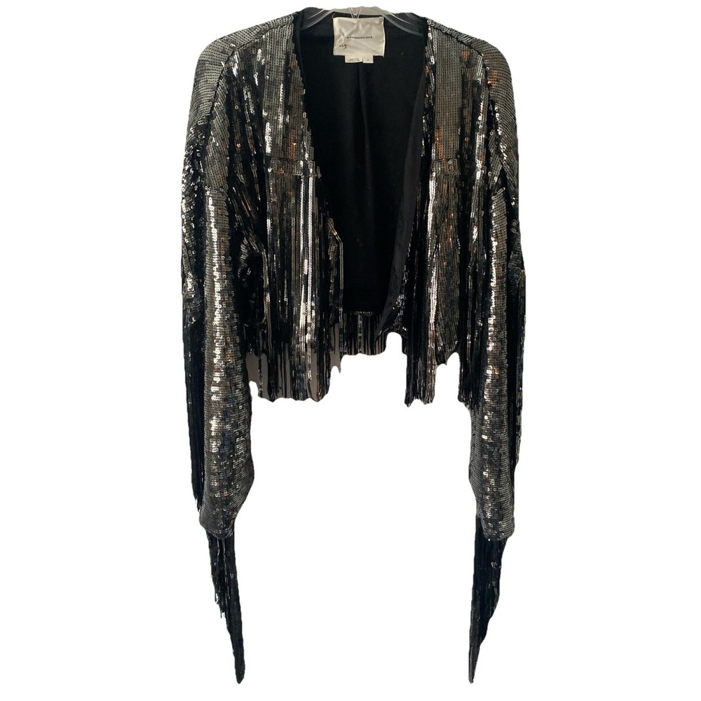 Anthropologie Jacket Women's Sz M Black Silver Sequin Fringe Cropped Statement
